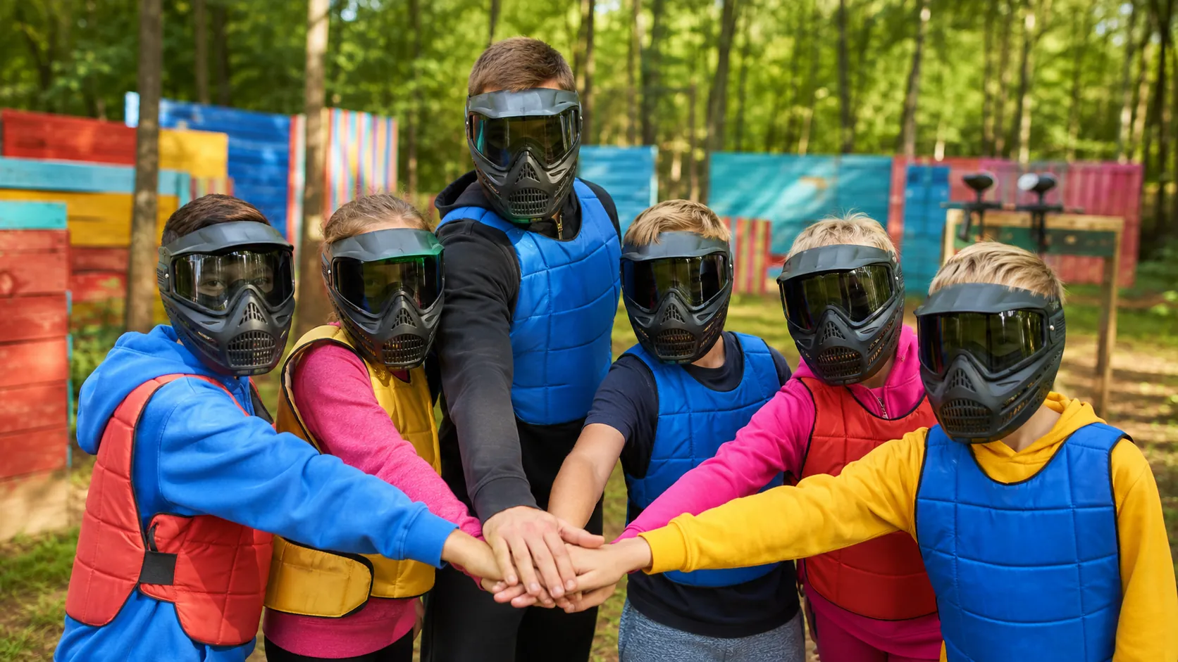 Cinq enfants correctement protégés forment une équipe avec leur animateur sur un terrain de paintball coloré