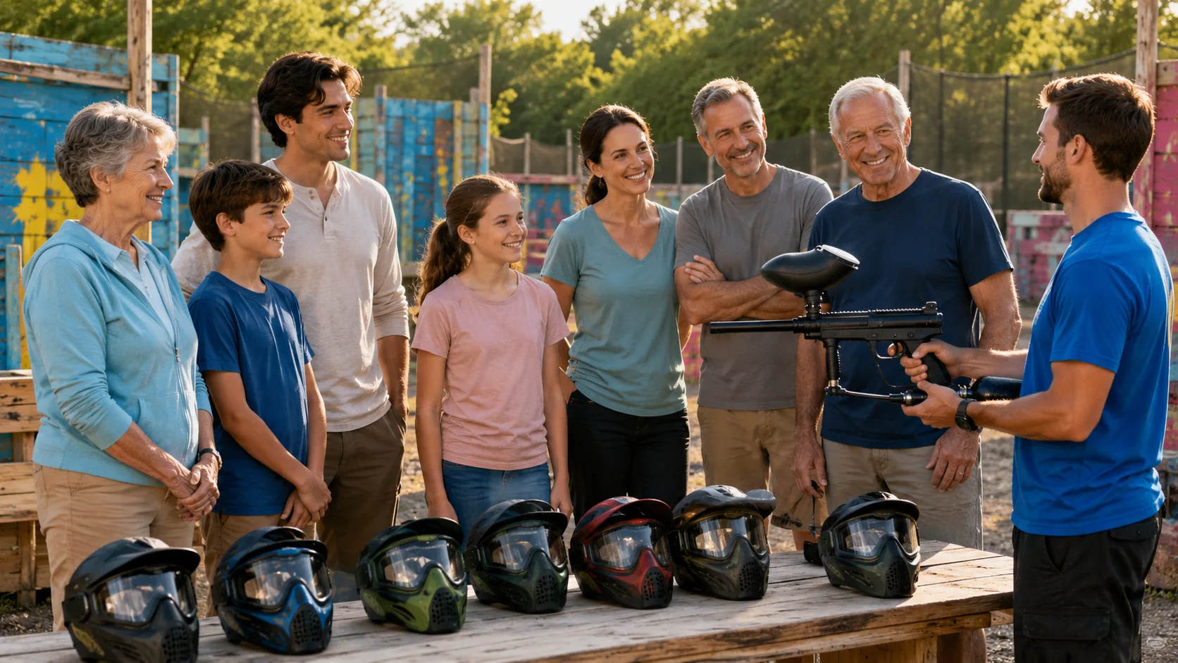 Famille intergénérationnelle découvrant le matériel avant une activité paintball adaptée