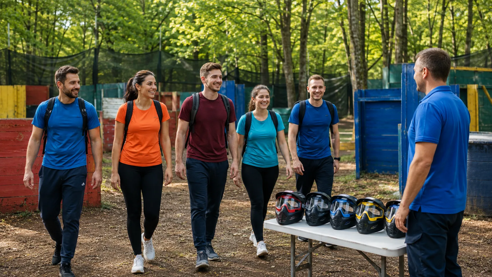 Groupe d’amis accueilli sur un terrain de paintball outdoor avec les masques préparés sur une table