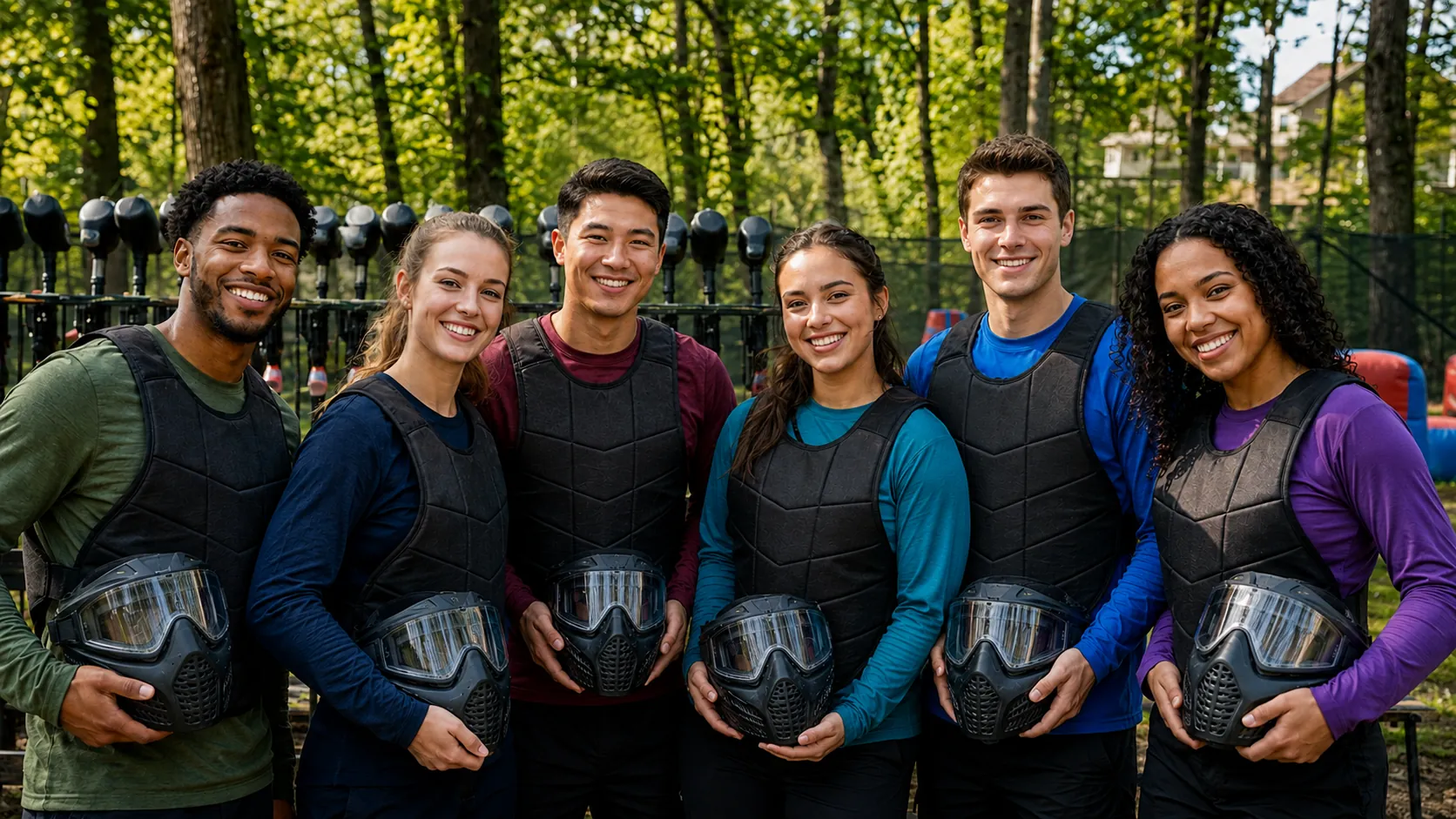 Six amis équipés de véritables masques de paintball avant une session près du Raincy