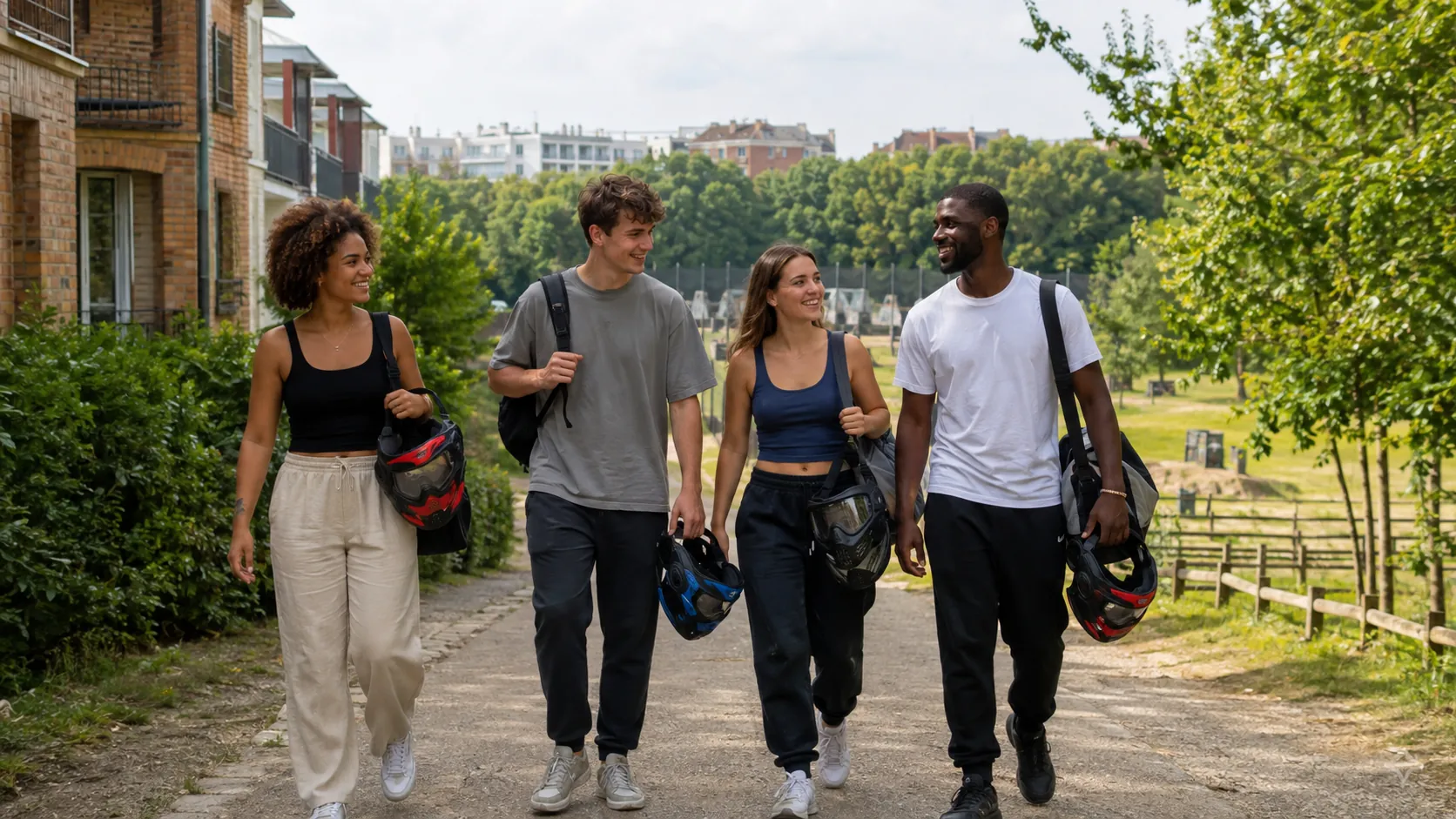 Quatre amis rejoignent un terrain de paintball depuis un quartier résidentiel proche de Montreuil