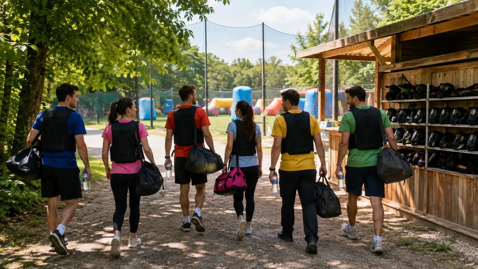 Six amis arrivent à pied avec leurs sacs sur un terrain de paintball près de Neuilly-Plaisance