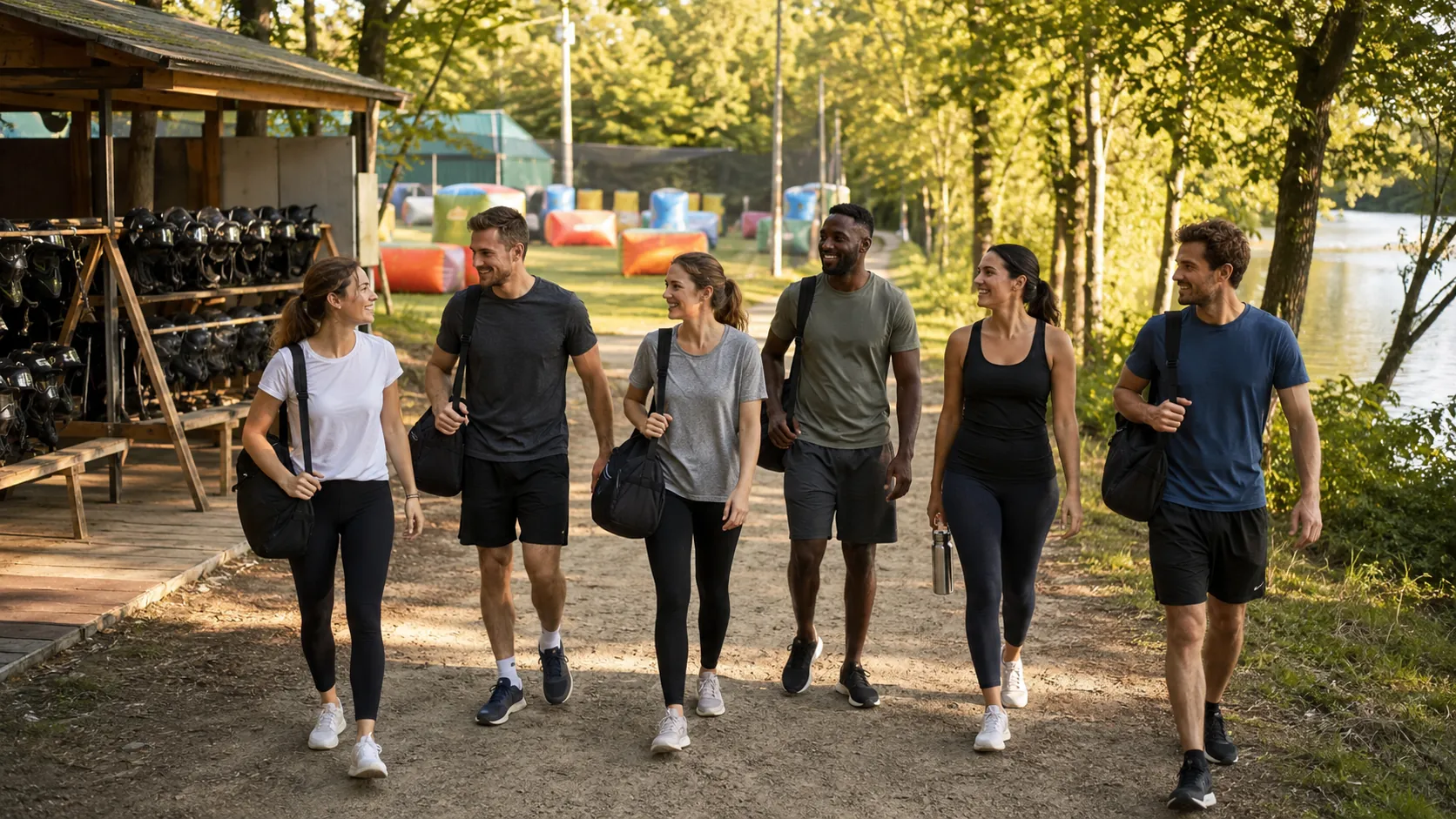 Six amis arrivent avec leurs sacs sur un terrain de paintball près des bords de Marne