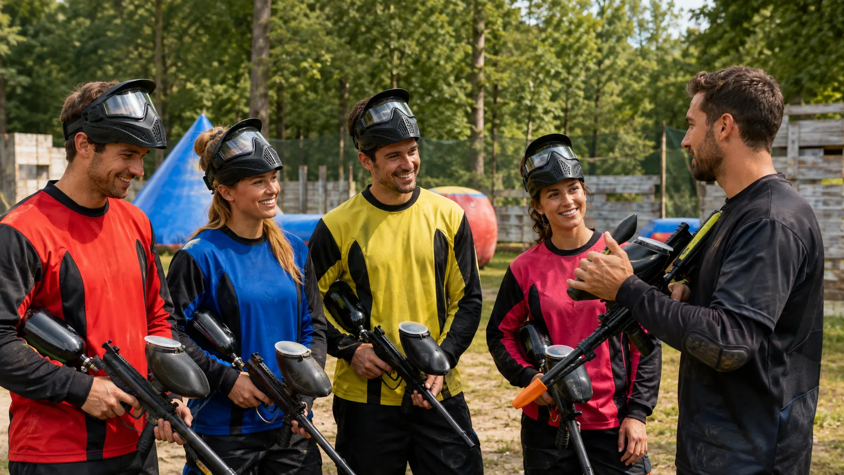 Cinq adultes écoutent le briefing d’un animateur avant une session de paintball près de Paris