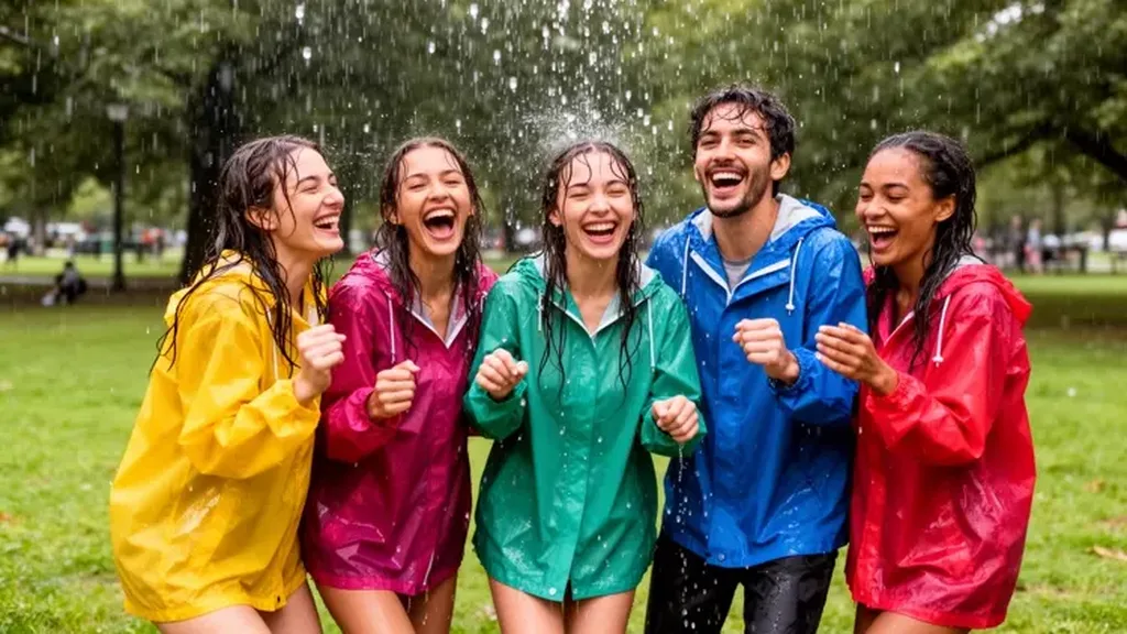 Cinq jeunes en vestes imperméables colorées rient ensemble sous la pluie sur une pelouse