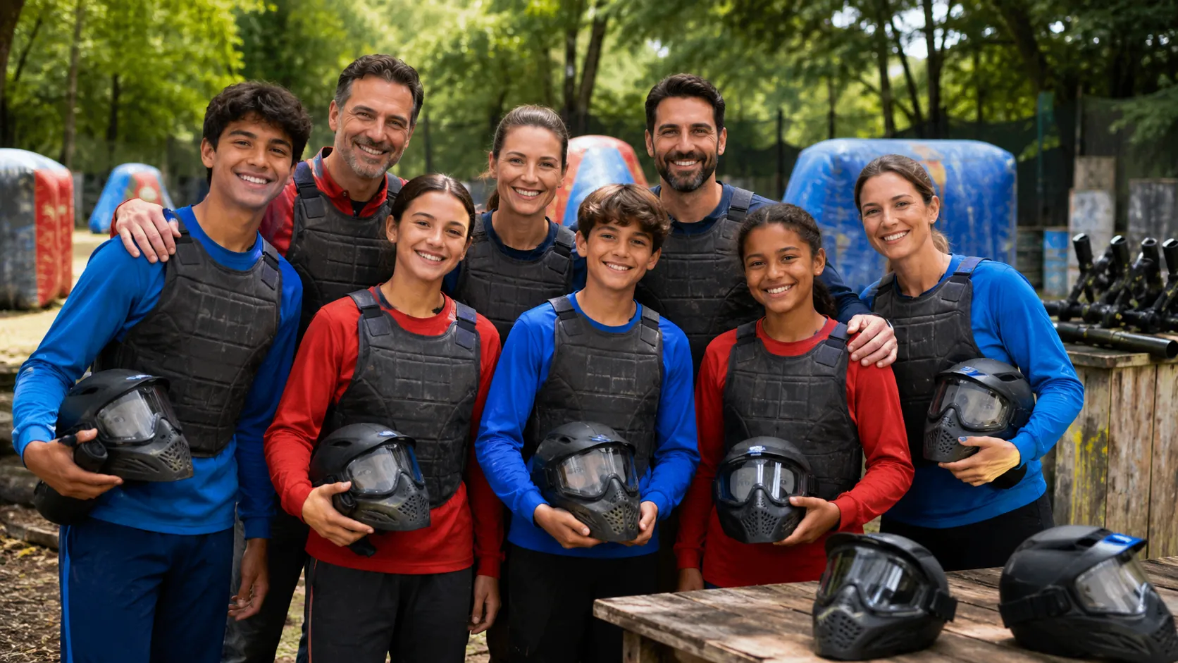 Adolescents et parents réunis après une session de paintball près de Rosny-sous-Bois