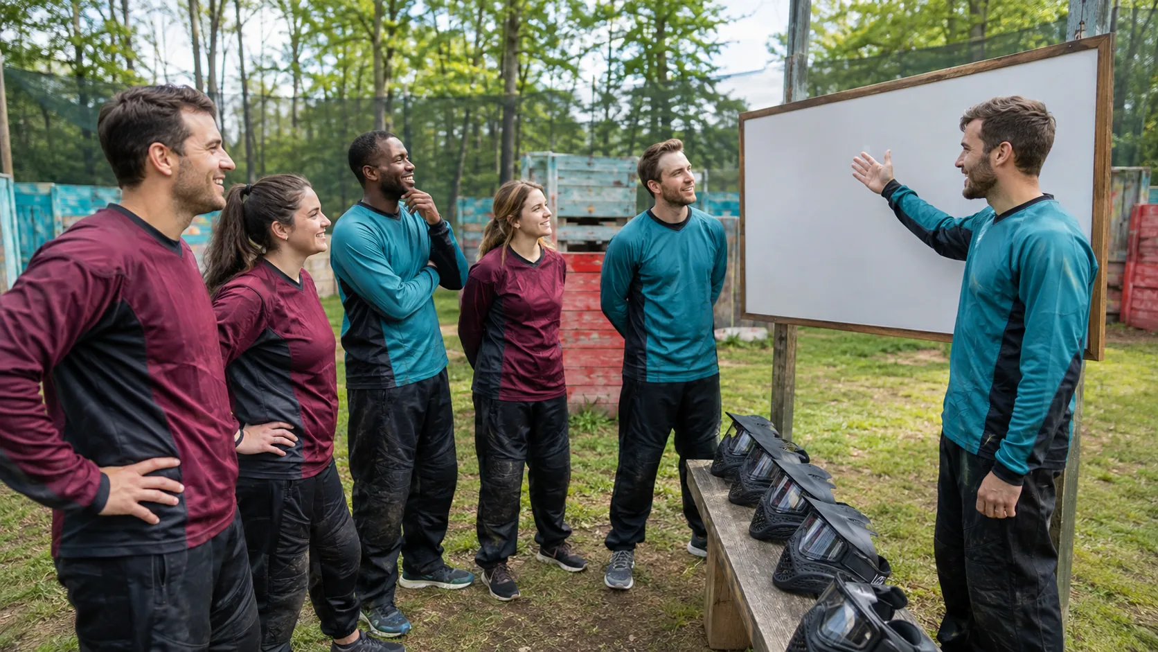 Groupe d’adultes écoutant le briefing avant une session de paintball sur un terrain outdoor