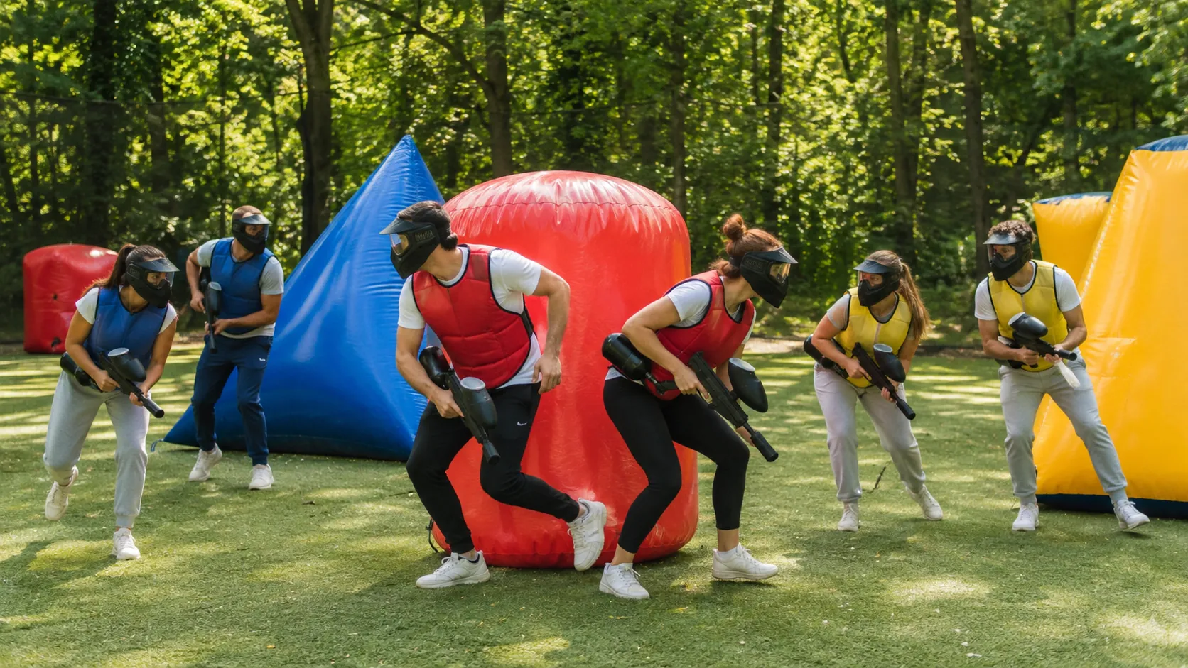 Deux équipes jouent au paintball entre des obstacles colorés sur un terrain outdoor boisé