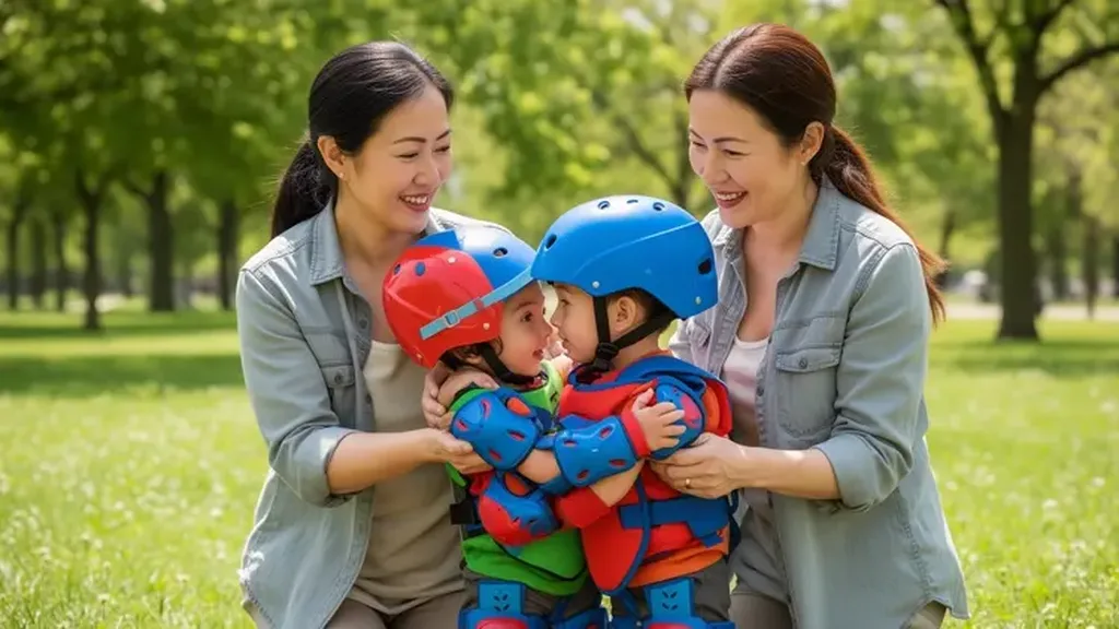 Deux adultes ajustent le casque et le plastron d’un enfant avant une activité en plein air