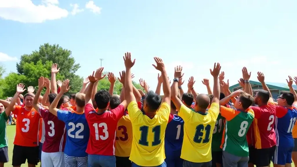 Grand groupe en maillots colorés levant les bras ensemble sous un ciel bleu