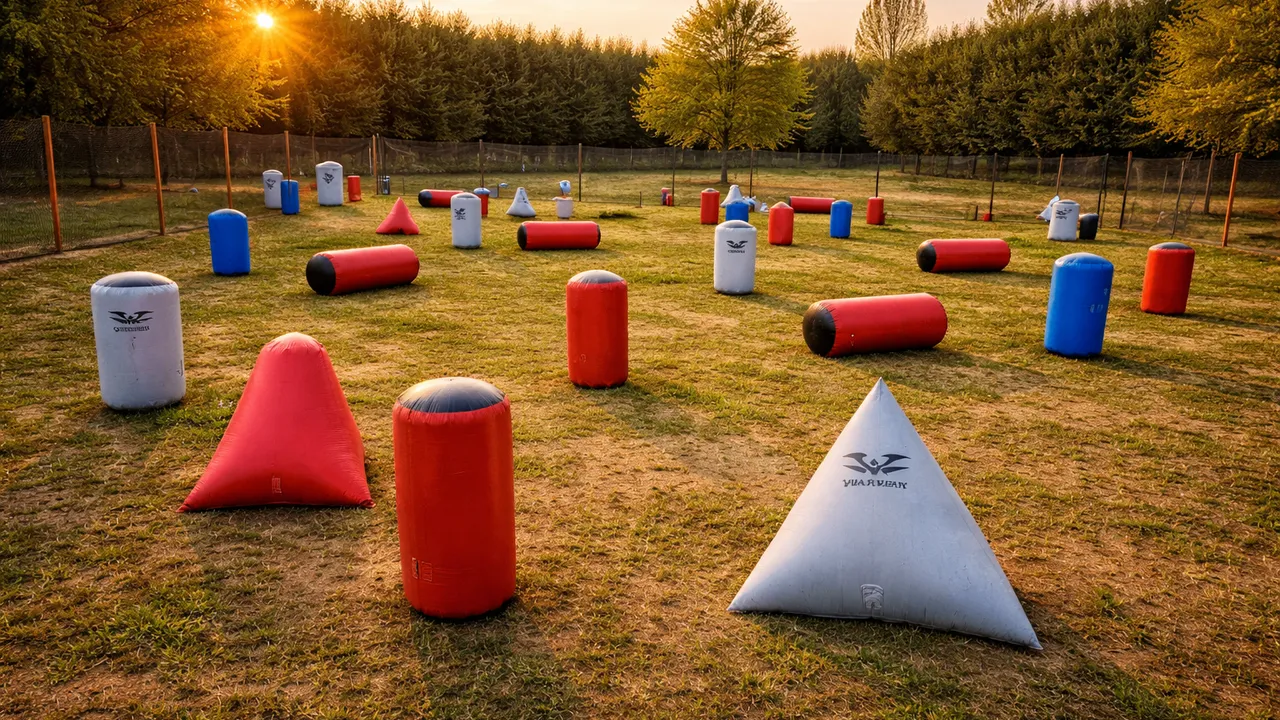 Terrain entier sans joueurs, obstacles gonflables installés sur l’herbe en fin de journée