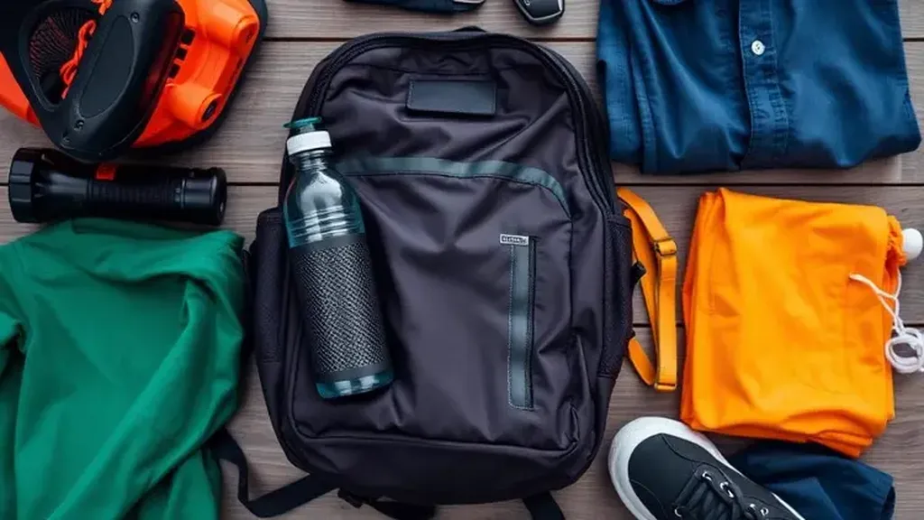Sac à dos, gourde, vêtements de rechange et baskets disposés à plat sur une table en bois