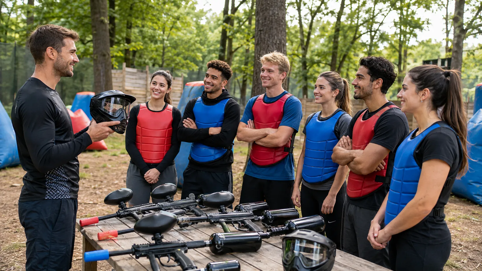 Un animateur présente le masque de protection pendant le briefing des règles essentielles du paintball