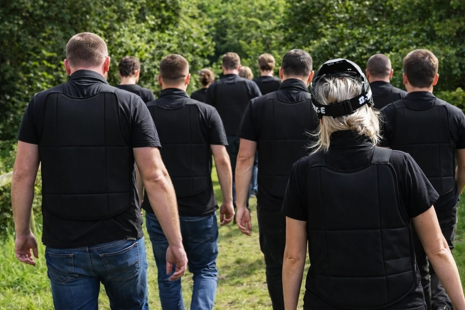 Groupe d’adultes en tenue sombre et gilets de protection avançant de dos vers un espace boisé