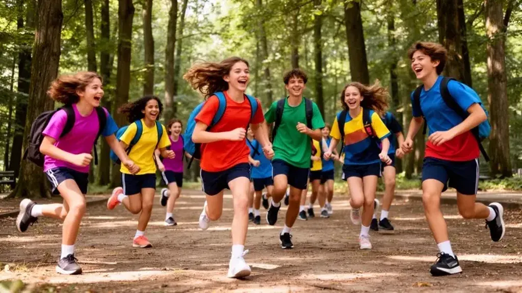 Groupe d’adolescents en tenue de sport court en riant sur un chemin forestier