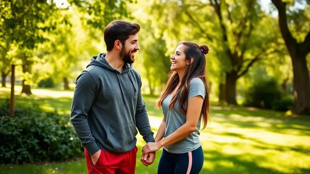 Couple souriant se tenant la main lors d’une promenade dans un parc verdoyant