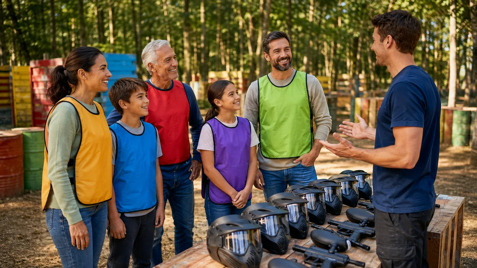 Famille intergénérationnelle écoutant les consignes avant une activité paintball en plein air