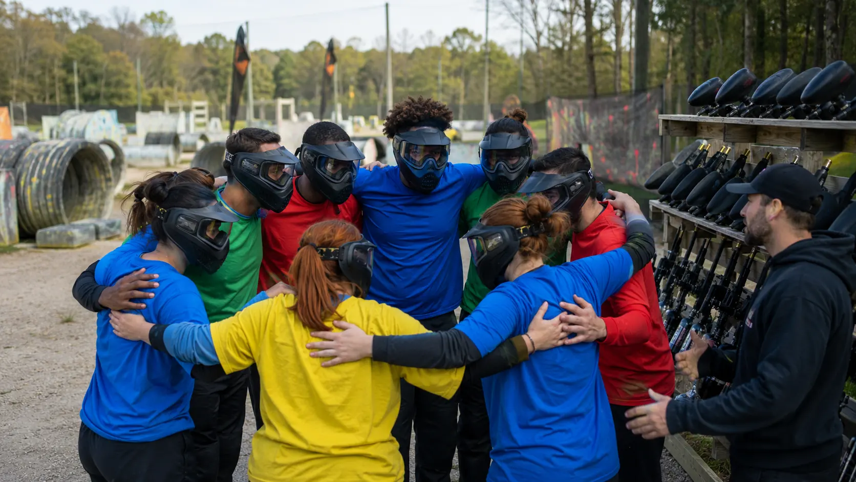 Équipe de collègues en cercle avant une session de paintball outdoor près de Paris