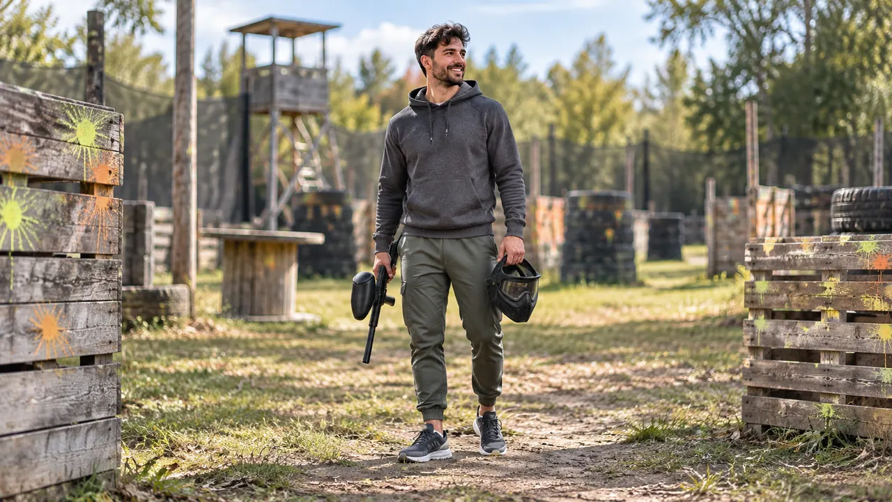 Joueur souriant sur un terrain de paintball outdoor, lanceur et masque à la main