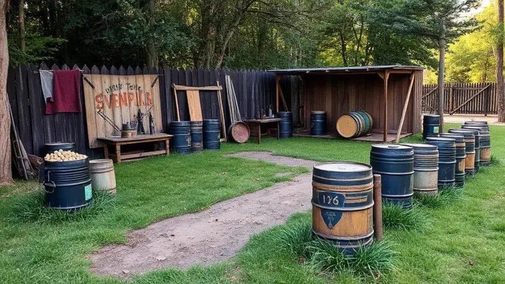 Décor de jeu extérieur avec cabane en bois, palissade et longue rangée de bidons métalliques