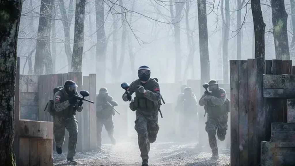 Joueurs masqués avancent dans la brume entre des palissades en bois d’une forêt hivernale