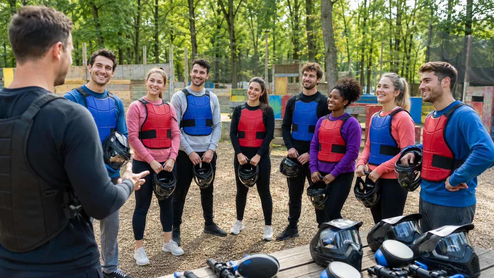 Groupe d’amis pendant le briefing avant une session de paintball loisir près de Paris