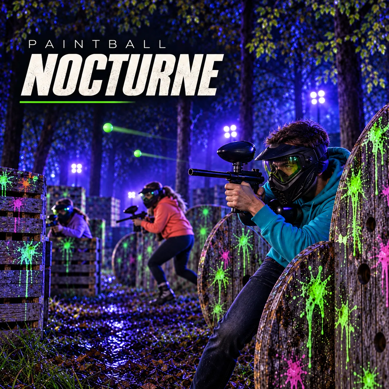 Joueurs de paintball nocturne avec billes traçantes sur un terrain outdoor éclairé par LED près de Paris