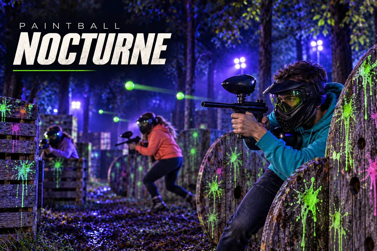 Joueurs de paintball nocturne avec billes traçantes sur un terrain outdoor éclairé par LED près de Paris
