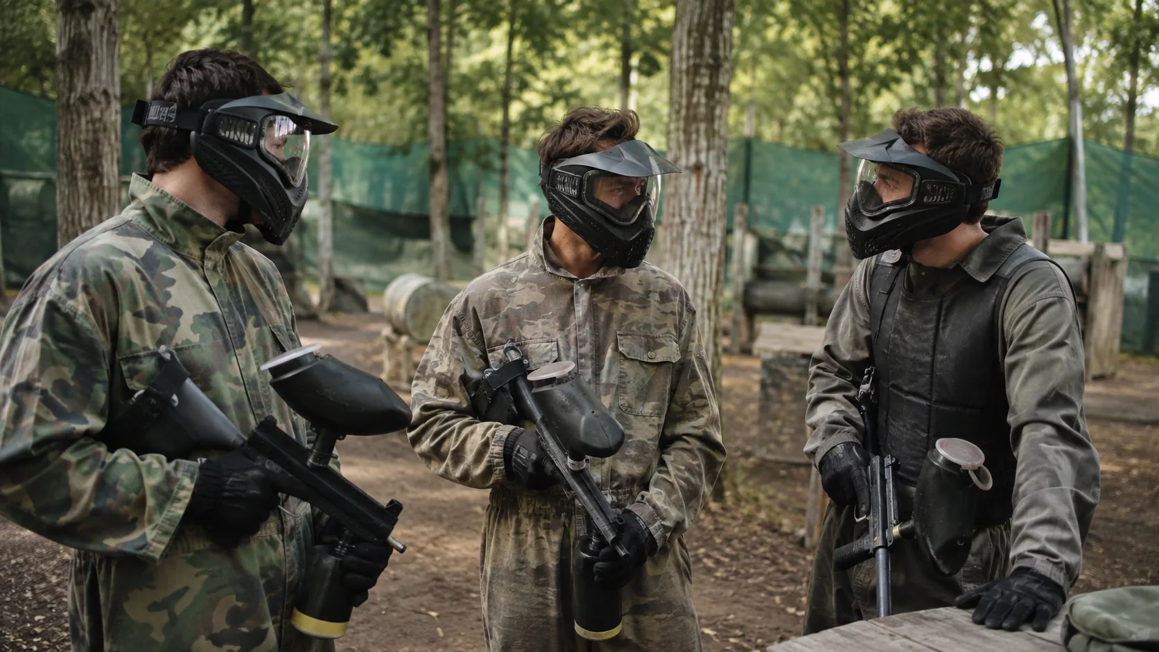 Trois joueurs en tenue de paintball discutant à l'entrée d'un terrain boisé