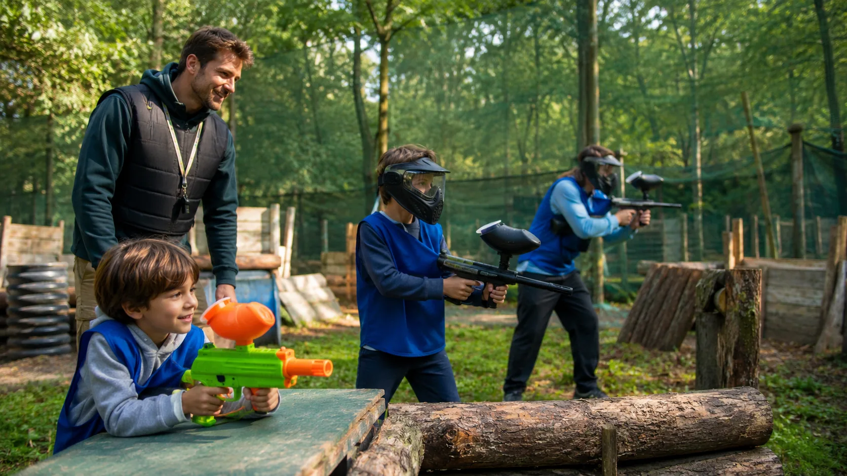 Enfants équipés de masques jouant sur un terrain encadré par un animateur