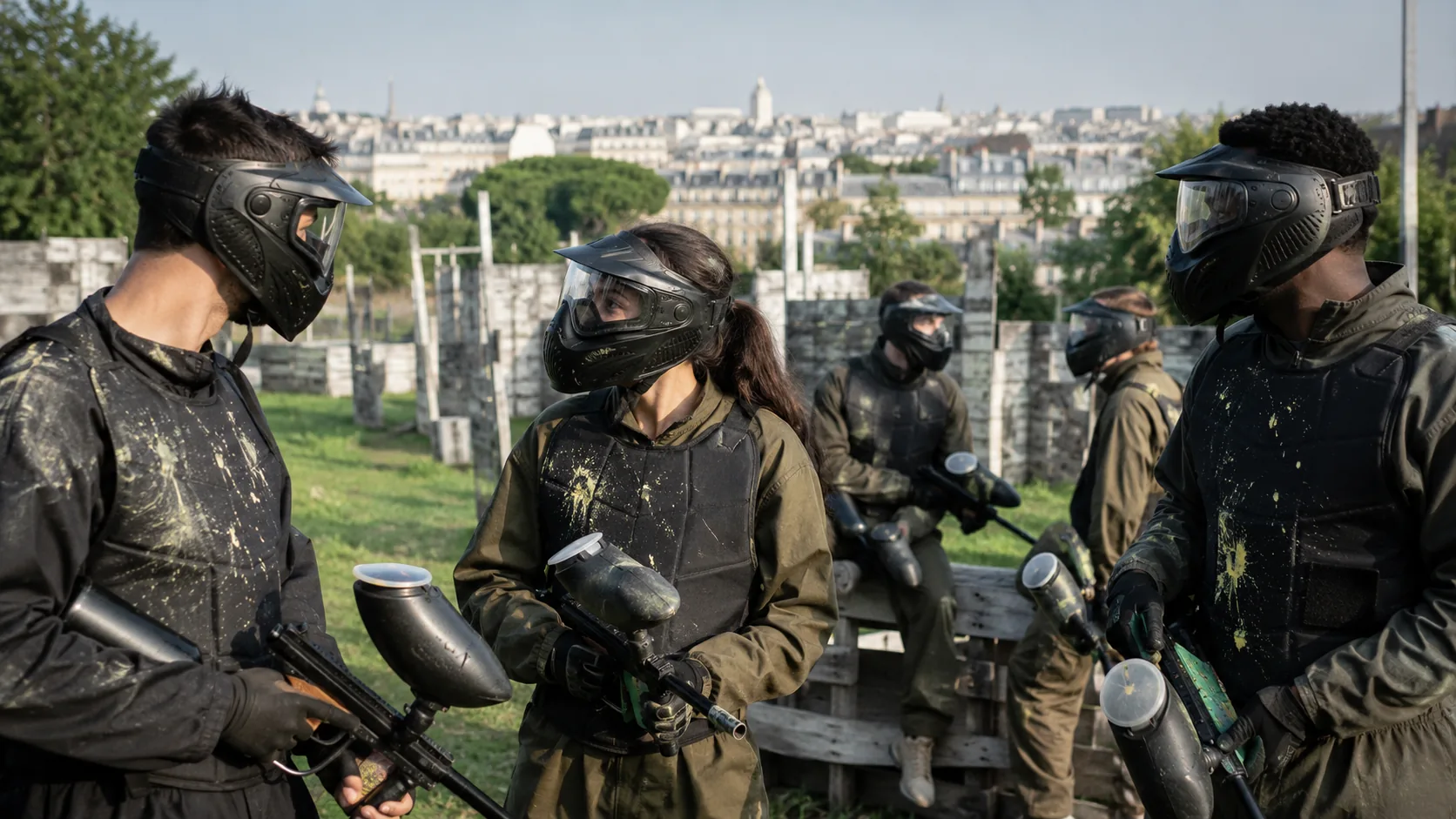 Groupe de joueurs équipés sur un terrain de paintball outdoor, skyline parisienne en arrière-plan