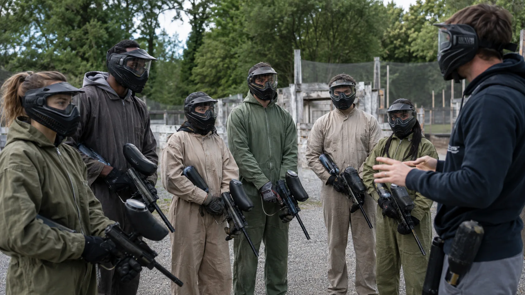 Groupe de joueurs écoutant le briefing sécurité d'un animateur avant leur première partie