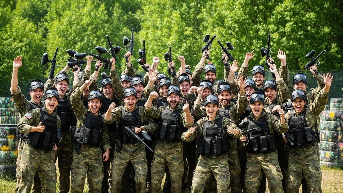 Team building paintball – groupe de collaborateurs sur le terrain à Neuilly-sur-Marne